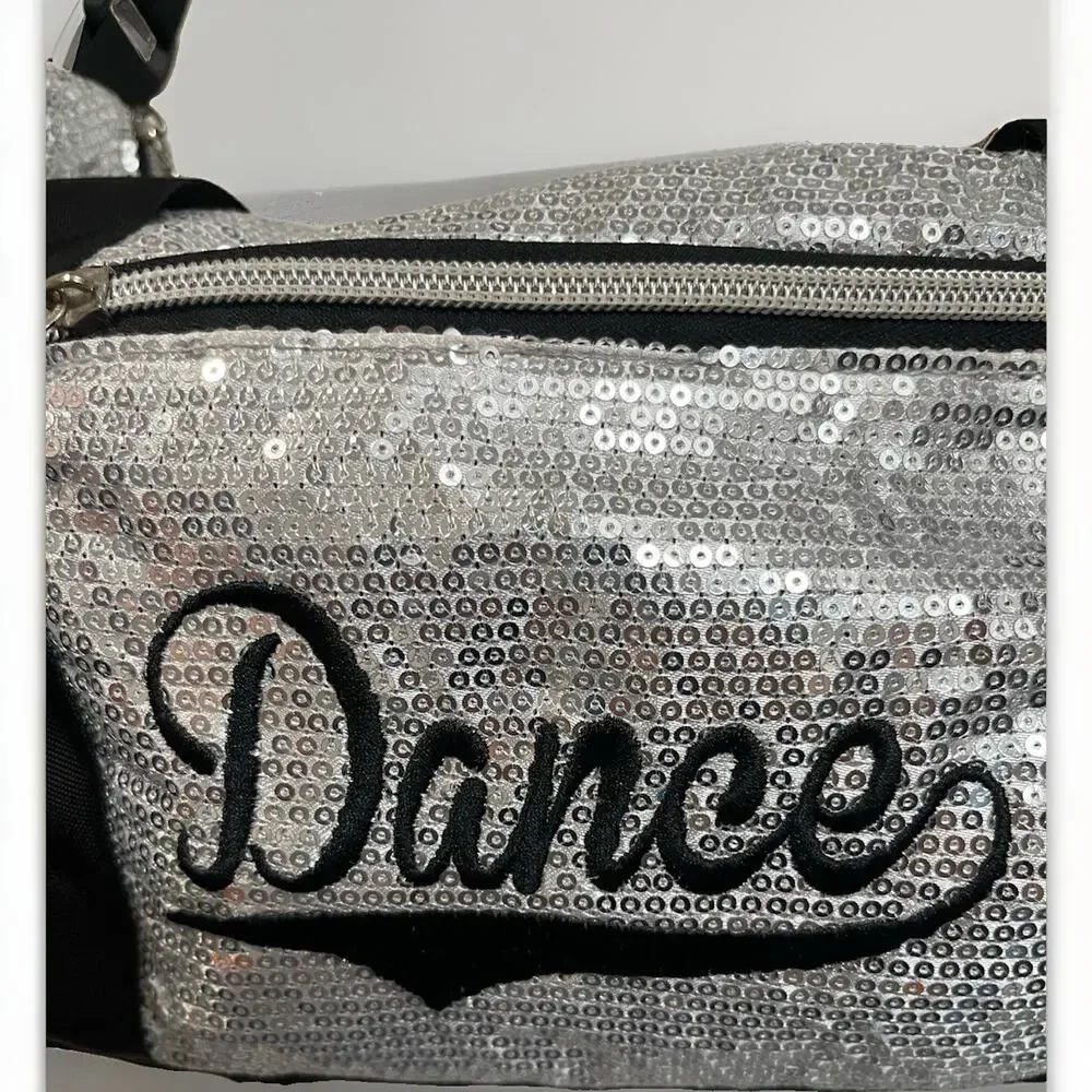 Danz N Motion Dance Duffle Bag Silver Sequin Black Pom Pom Charm 13.5 X 8